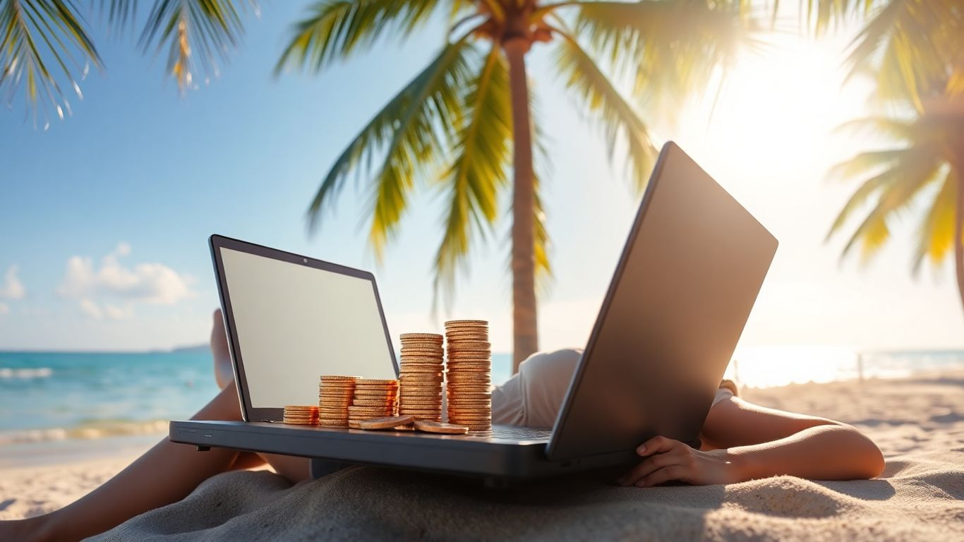 Pessoa relaxando na praia com dinheiro crescendo.