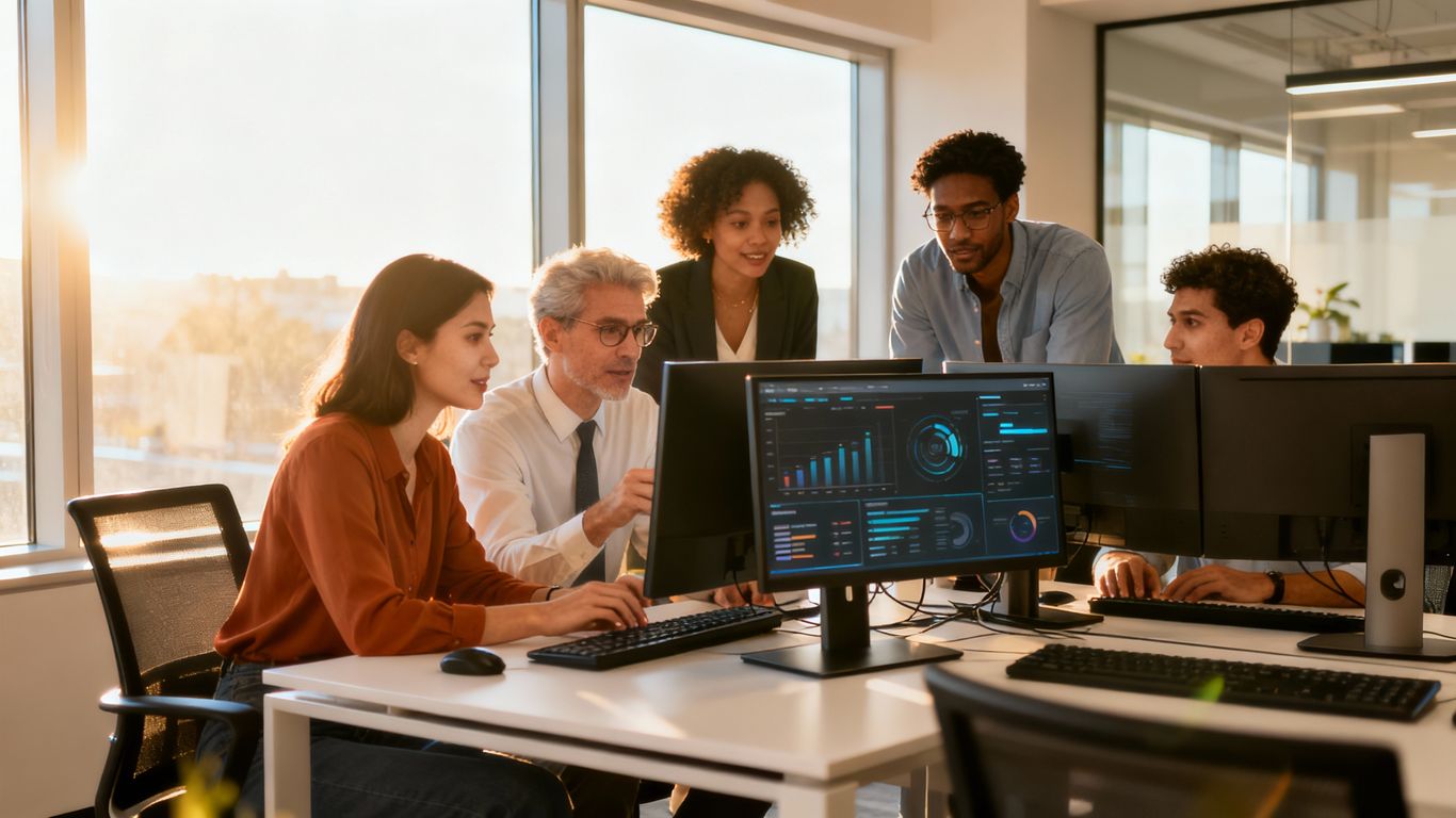 Professionals working together in a modern office.