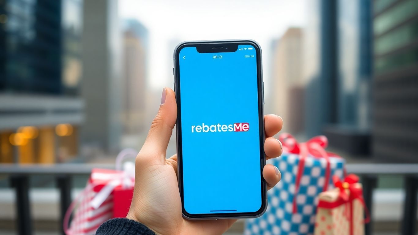 RebatesMe app on phone with shopping bags and gift boxes.