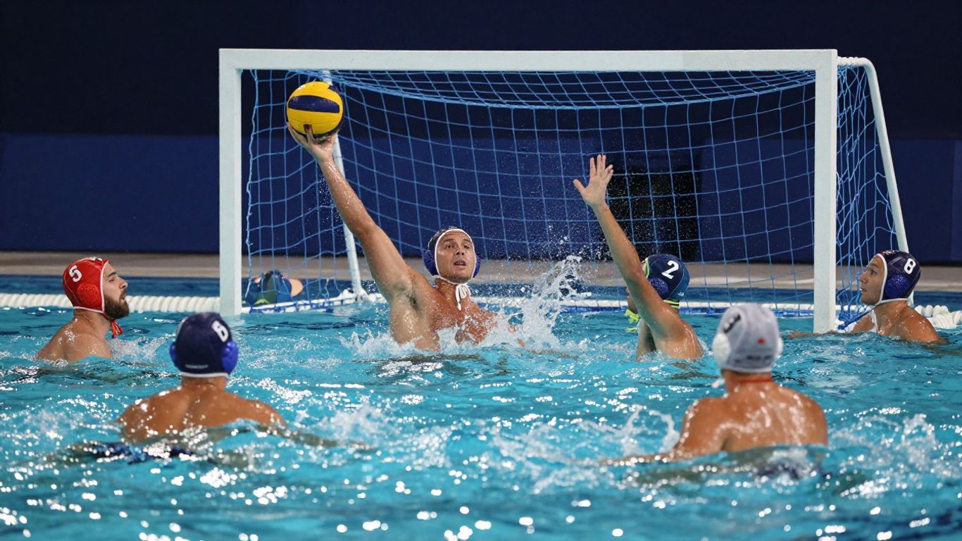 Jucători de polo pe apă în acțiune, minge, poartă.