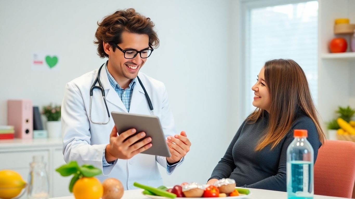 Médico orientando paciente sobre emagrecimento em consultório moderno