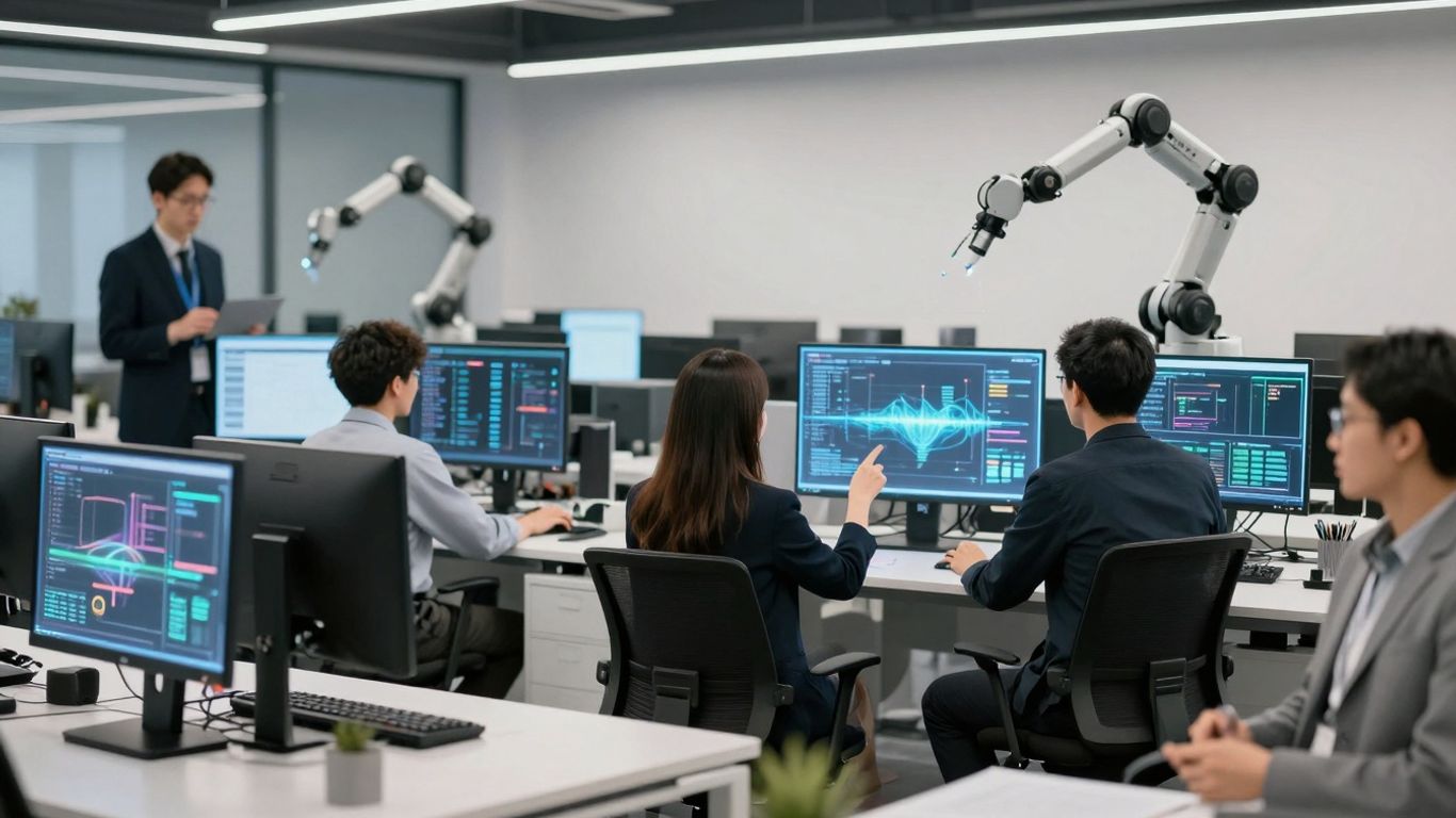 Angajați interacționând cu tehnologie avansată în birou.