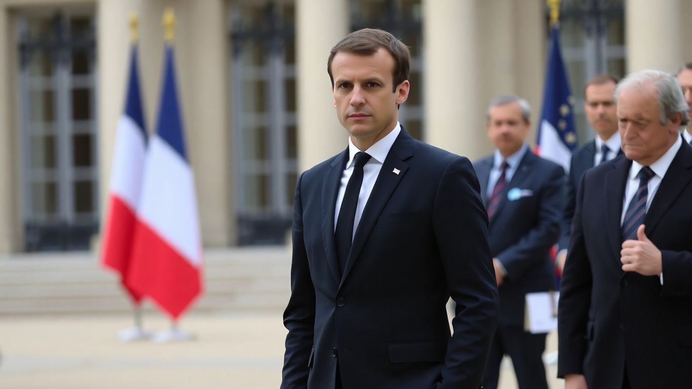 [Emmanuel Macron] devant l'Élysée avec des drapeaux français