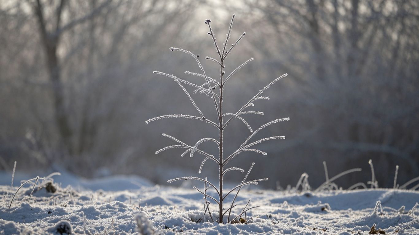 Young tree in winter, covered in frost and snow.