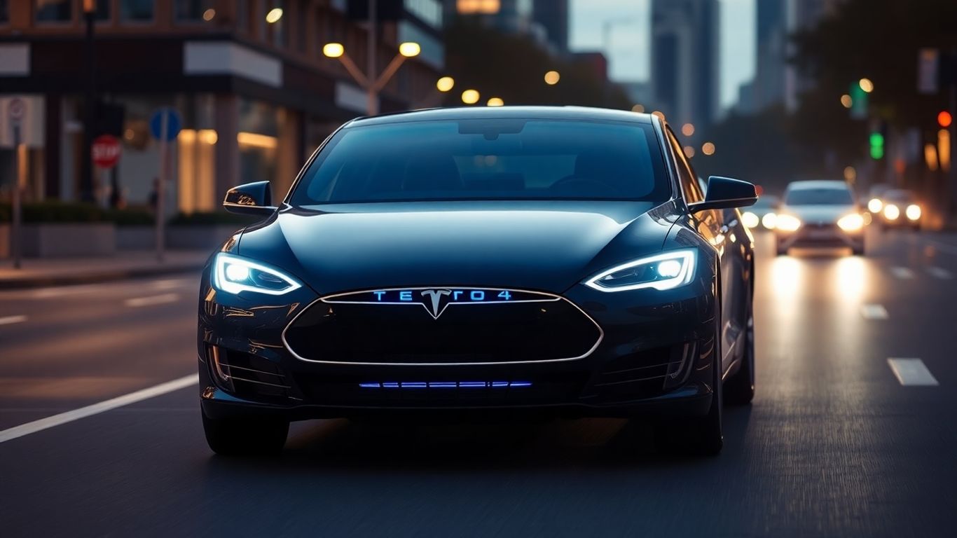 Tesla car driving on a city street at night.