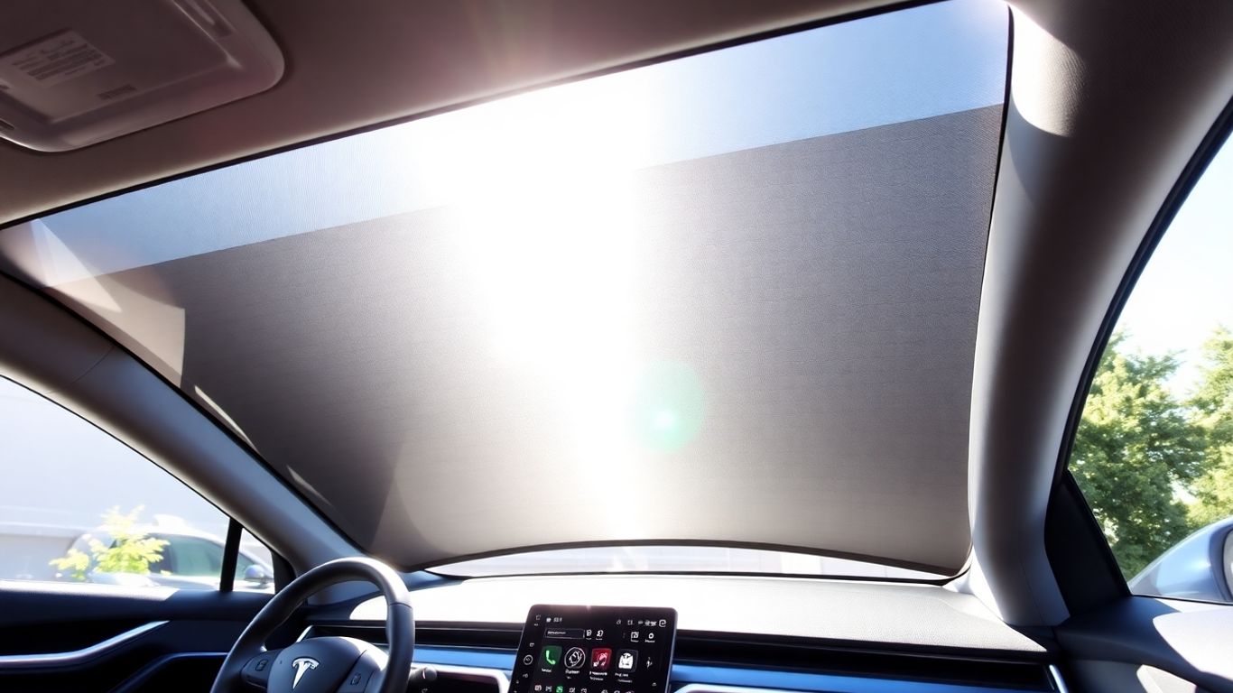 Tesla interior with UV sunshade protecting dashboard.