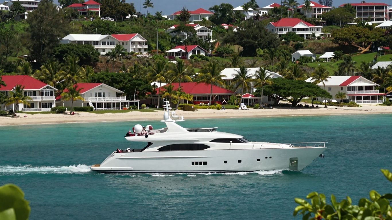 Superyacht sailing in clear blue sea near St Barts coast.