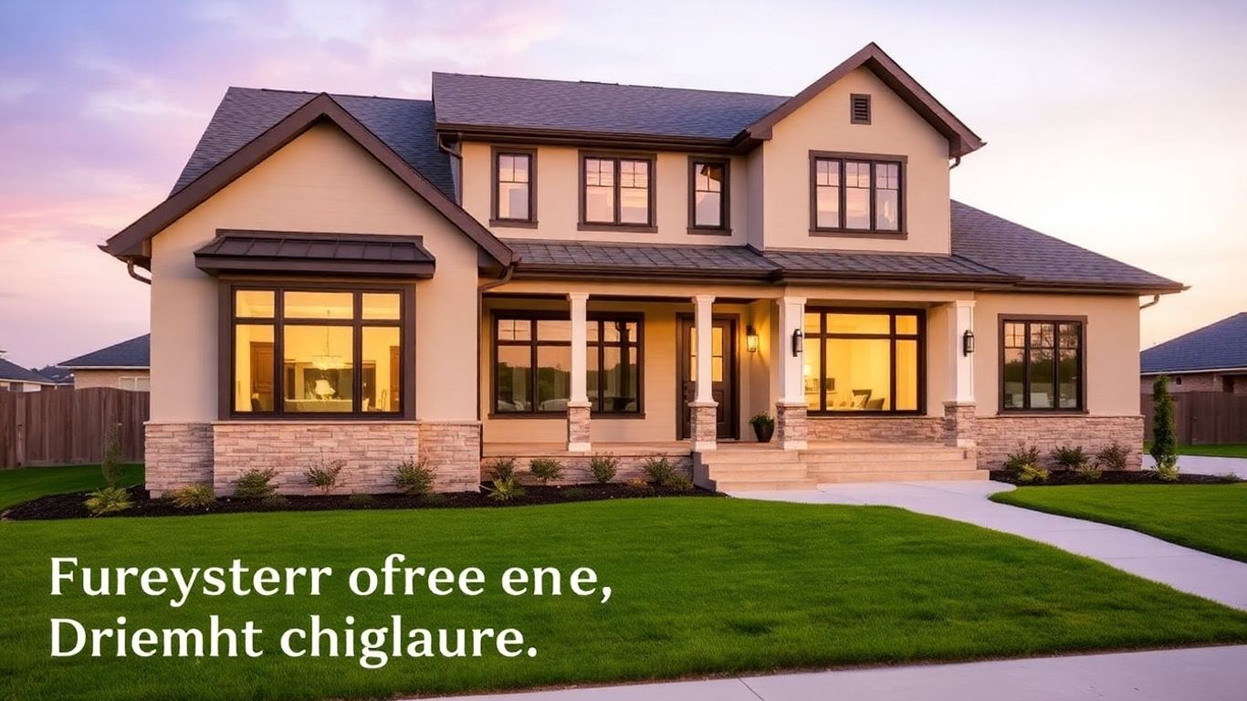 Newly built house with large windows and green lawn.