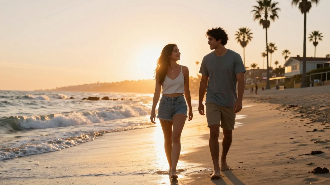 Couple walking on Long Beach at sunset