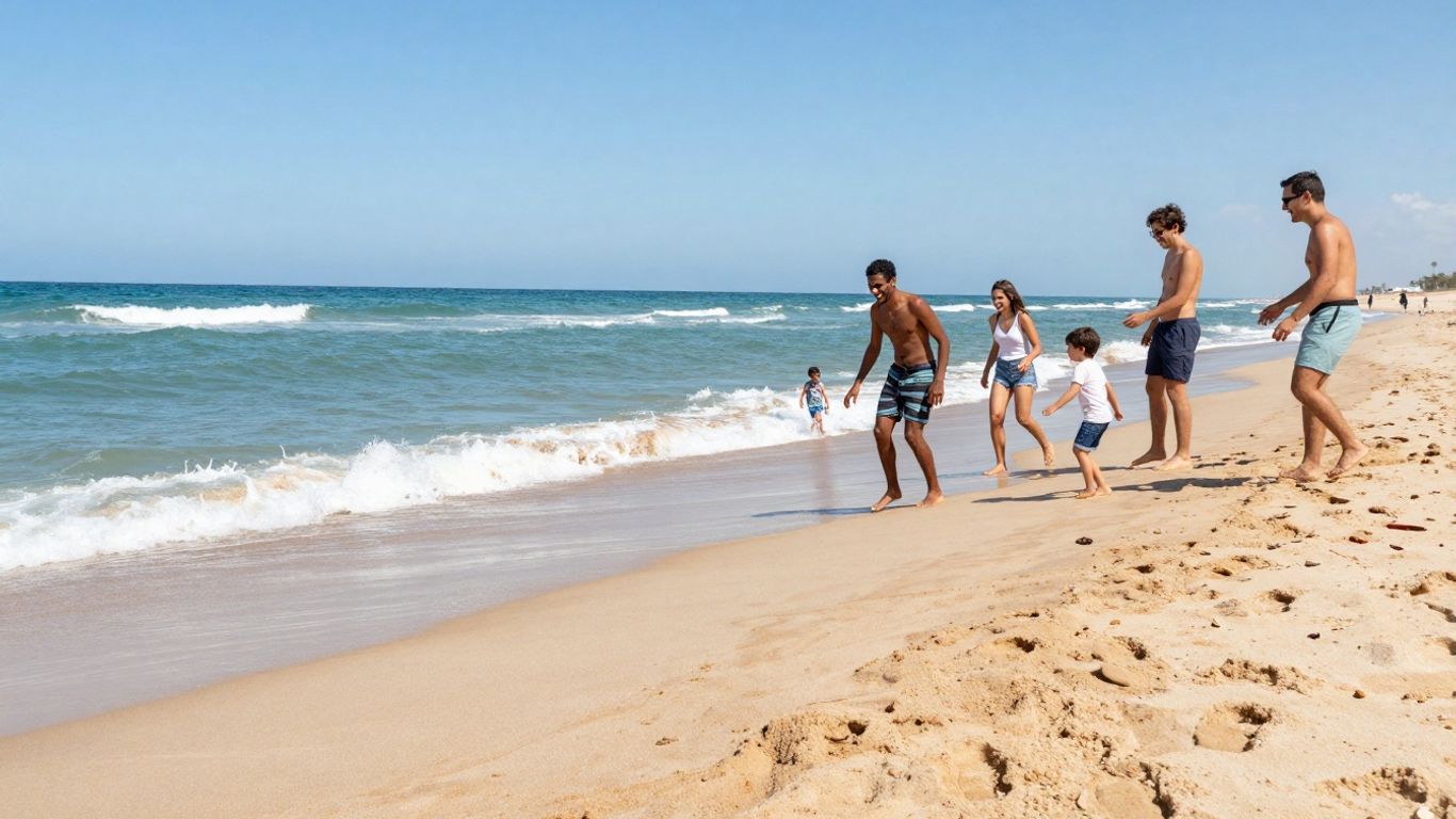 Familie geniet van een zonnige dag op het strand.