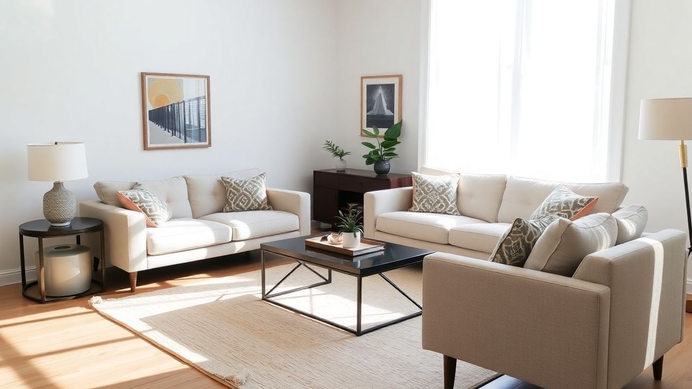 Modern Airbnb living room with stylish furniture.