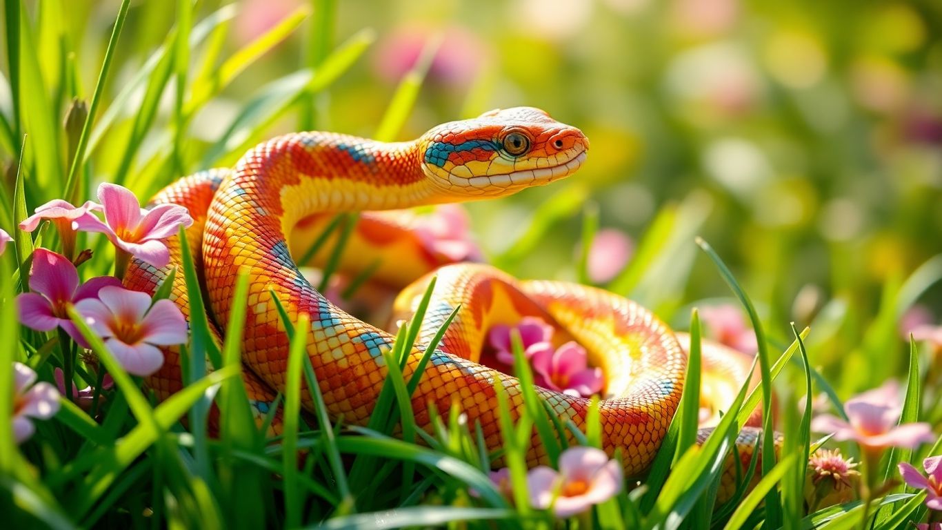 Colourful snake in grass with blooming flowers, high-resolution
