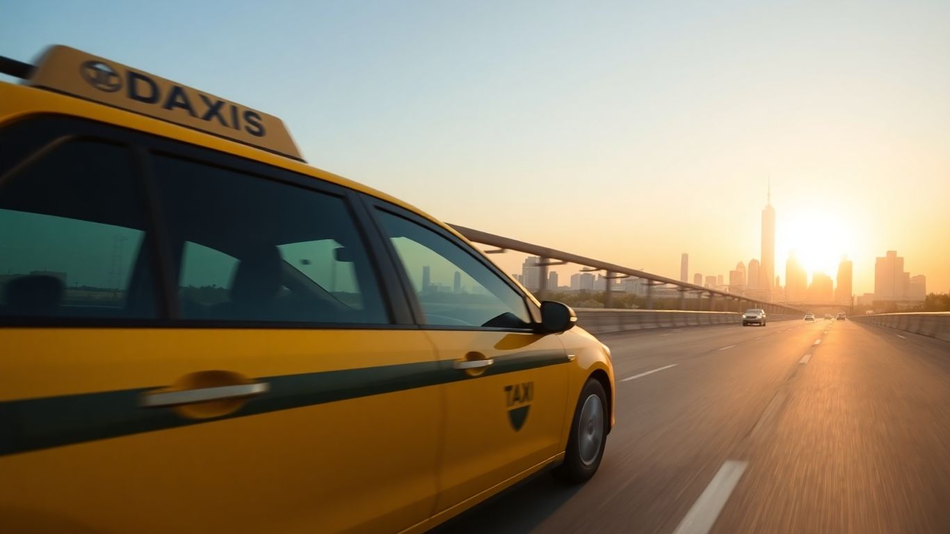 Taxi driving towards Dallas skyline at sunset.