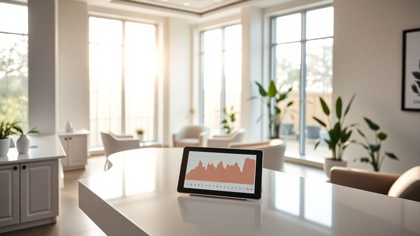 Modern aesthetic clinic interior with sunlight and comfortable seating.