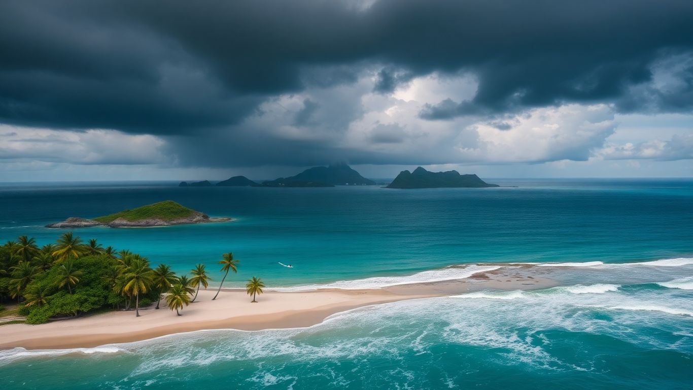 Tempête tropicale approchant des Petites Antilles avec mer agitée.