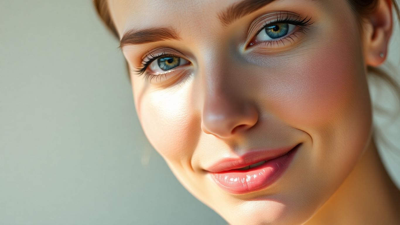 Woman with radiant, even-toned skin bathed in soft light.