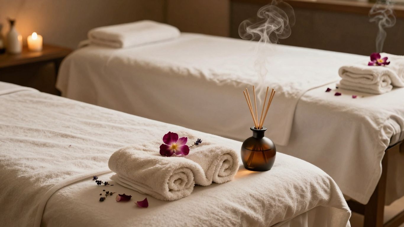 Couple's massage room with aromatherapy elements.