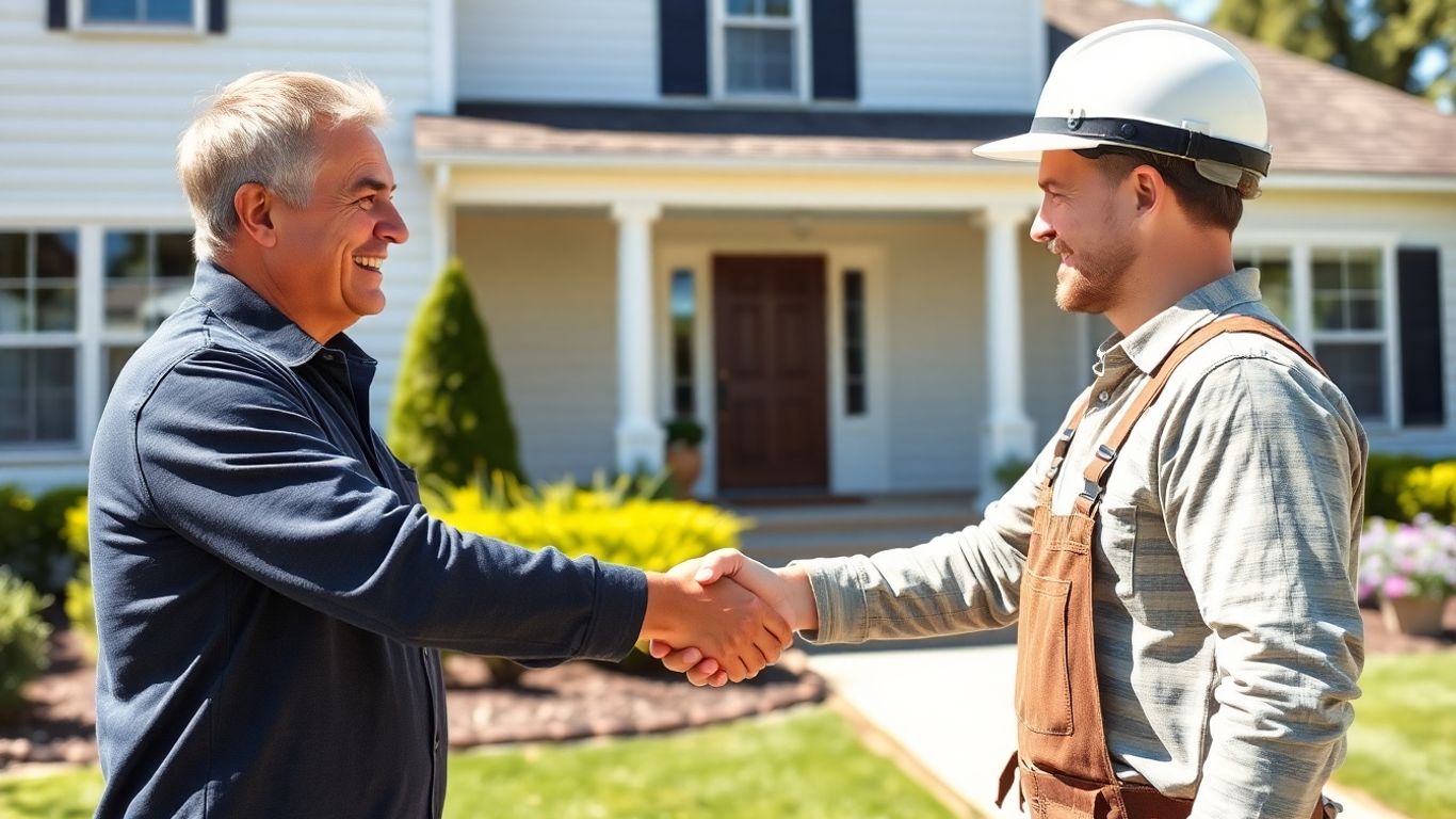 Homeowner and contractor handshake near renovated house exterior.
