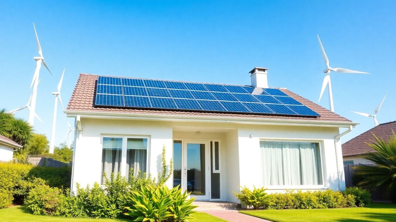 Casă modernă cu panouri solare și turbine eoliene