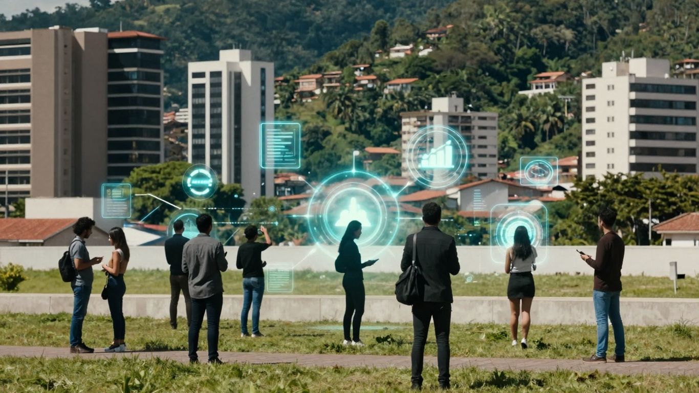 Colombia cityscape with people using digital communication interfaces.