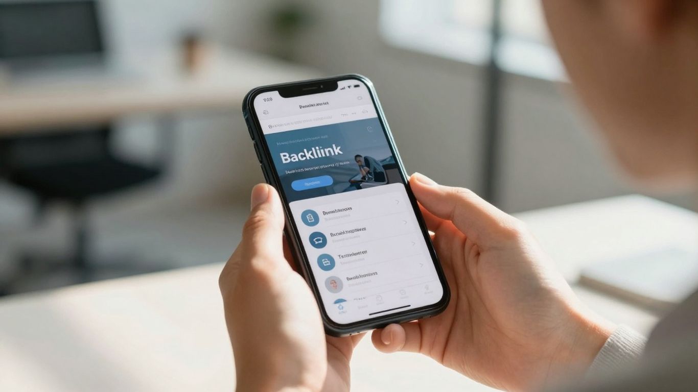 Hands holding phone showing backlinks profile