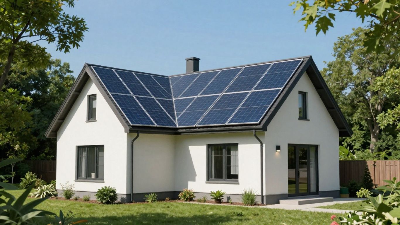 Автономный дом с солнечными панелями на крыше.