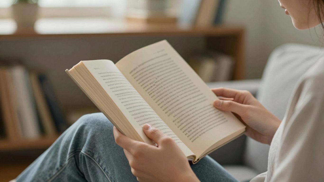Persoană citind o carte, lumină caldă, atmosferă liniștită.
