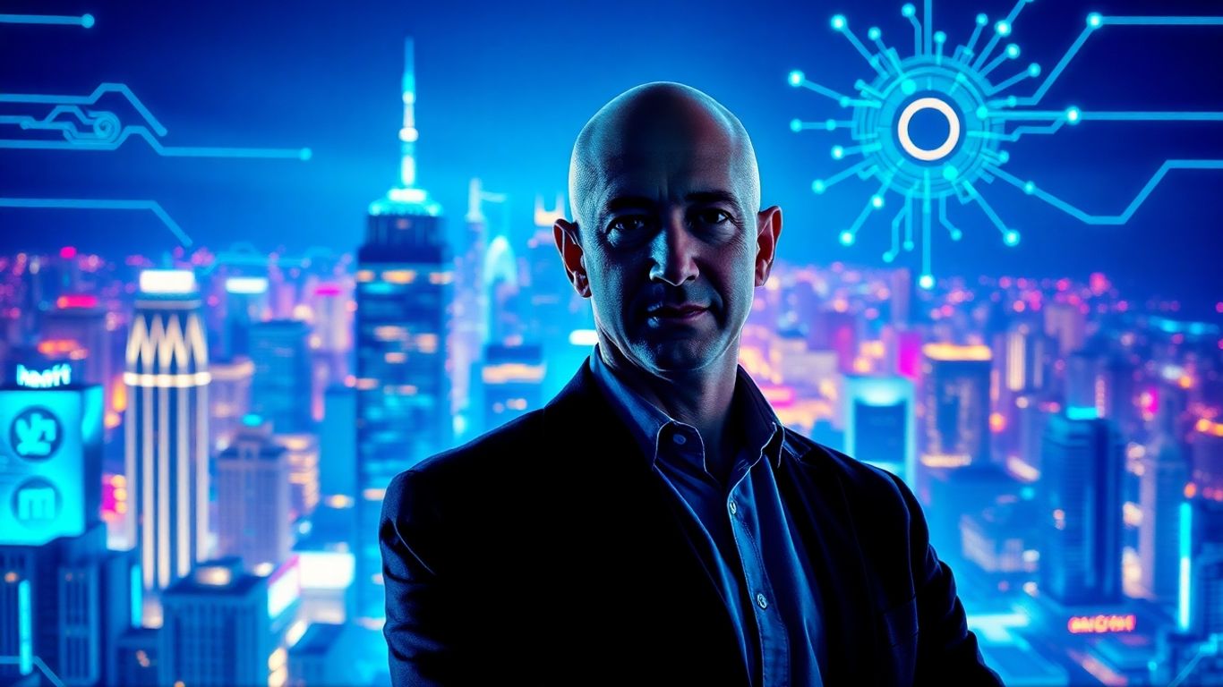 Jeff Bezos in front of a futuristic AI cityscape.