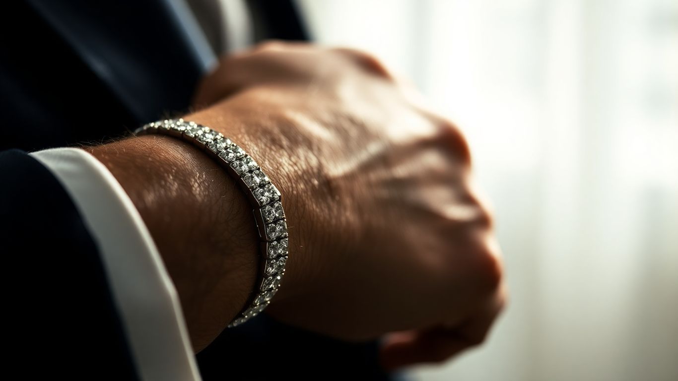 Man's wrist with a diamond tennis bracelet.