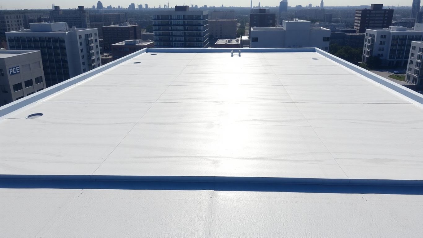 Commercial building rooftop with a flat, modern roof.