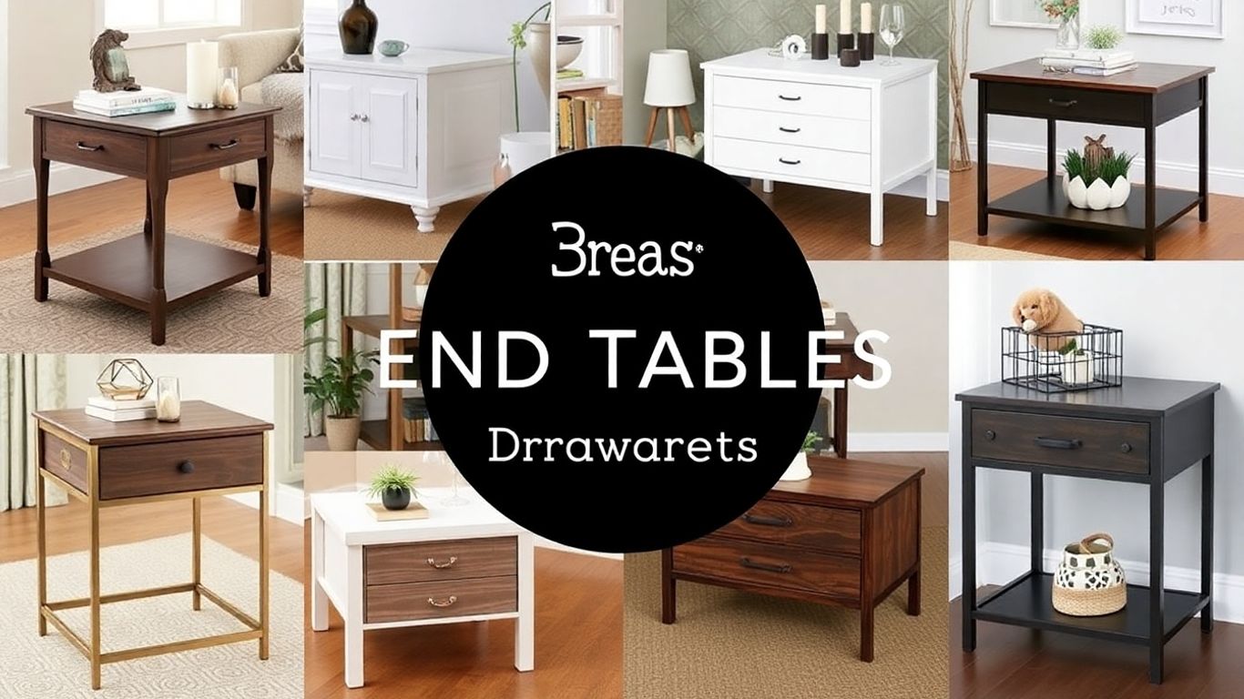 Stylish end tables with drawers in various room settings.