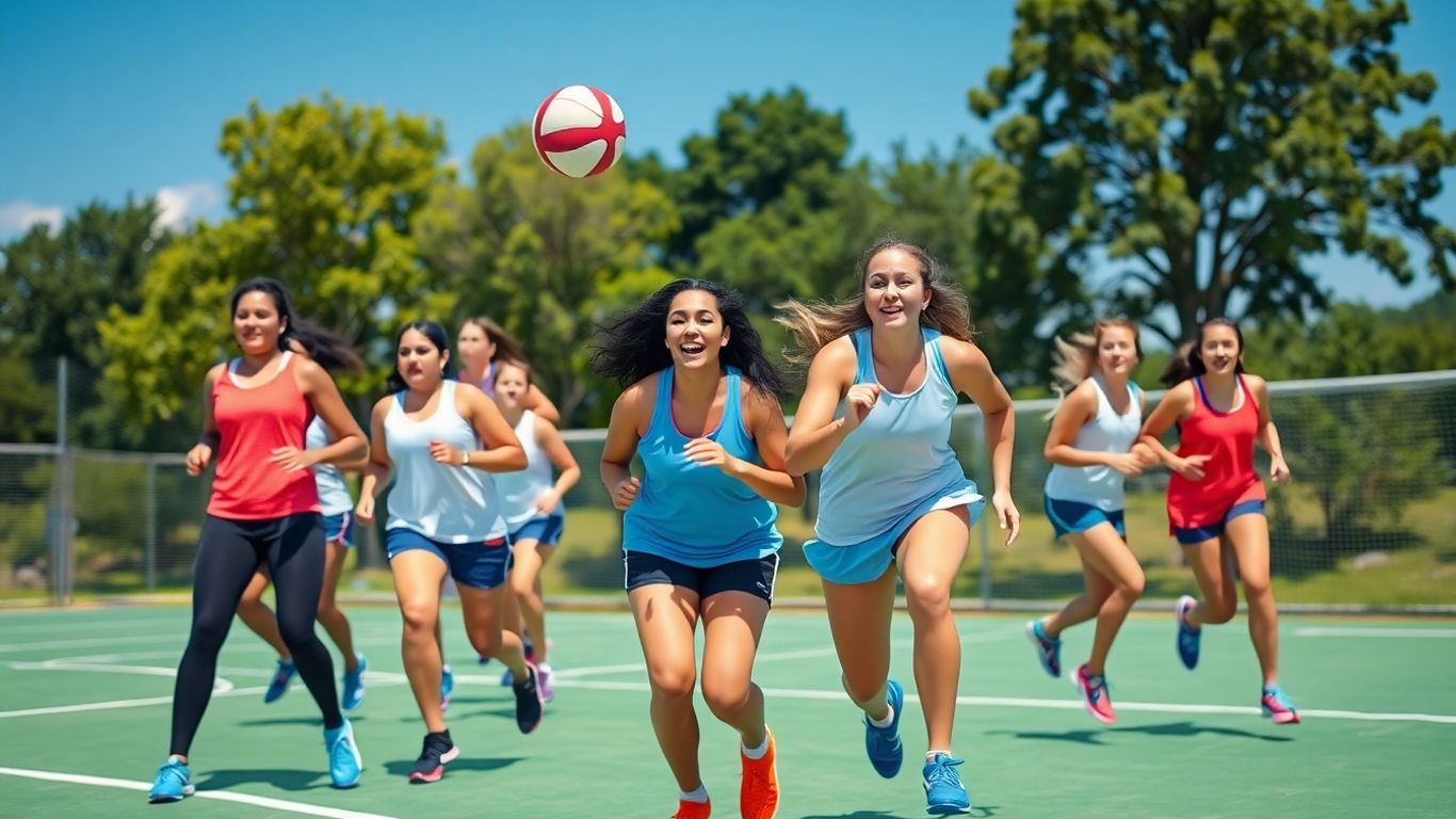 Netball players in action on a sunny court.