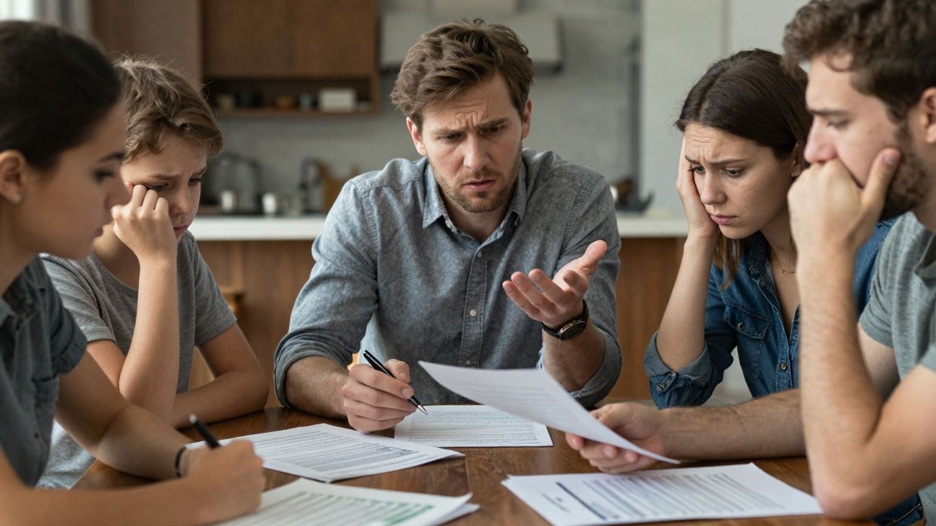 Familie bespricht Finanzdokumente am Tisch.
