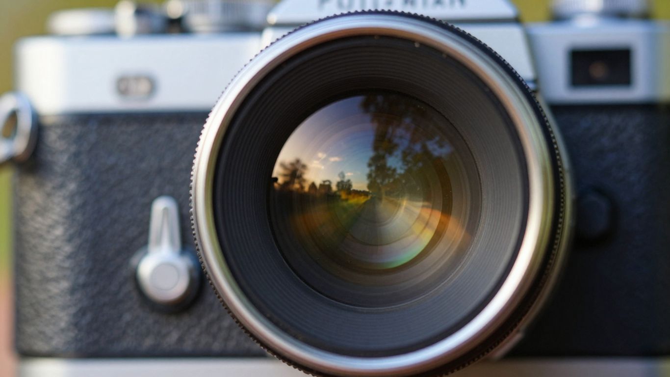 Camera lens met reflectie van landschap