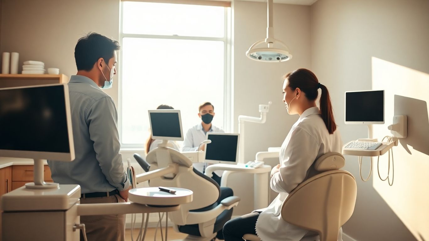 Dentist and staff working together in a modern dental office.