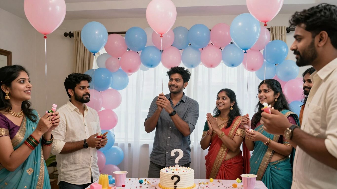 Gender reveal party with pink and blue balloons.