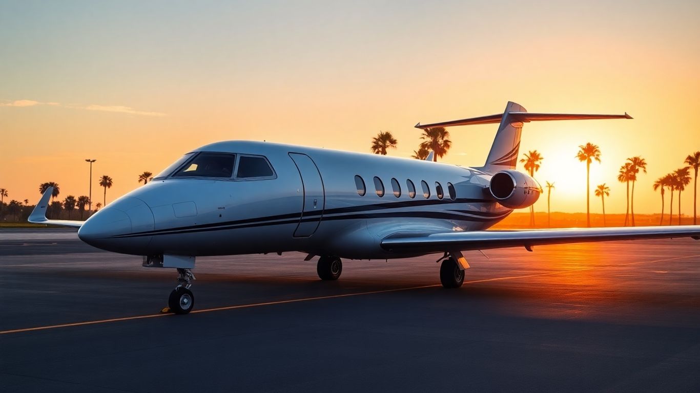Private jet parked on tarmac at sunset