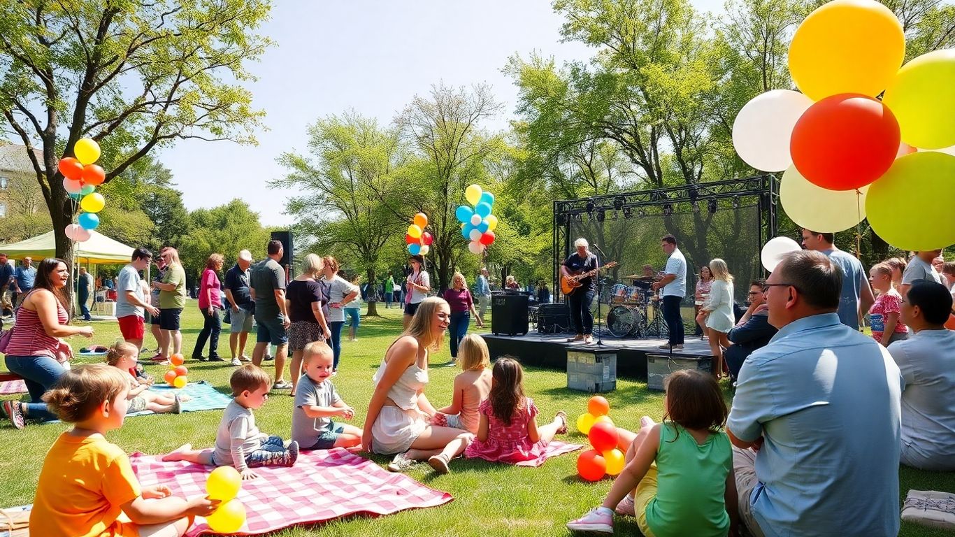 Families enjoying outdoor festival in a green park