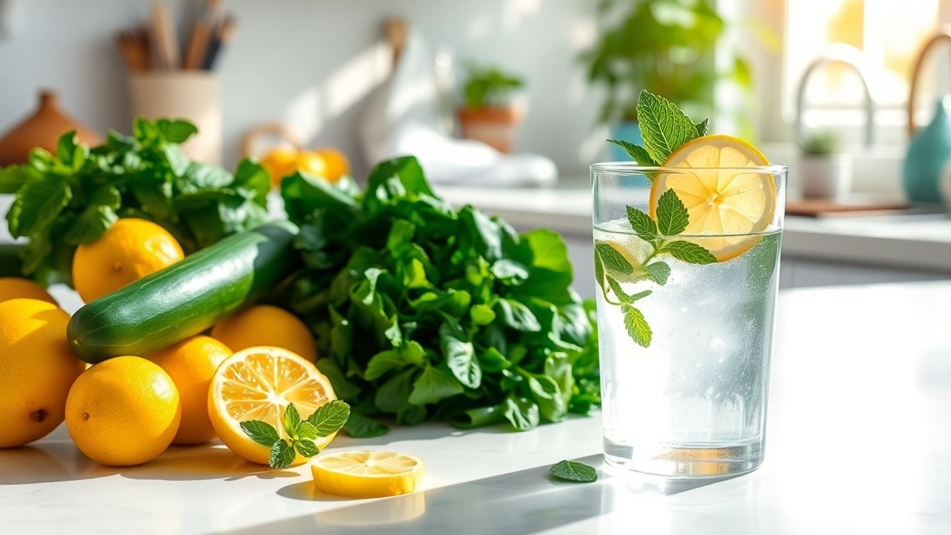 Fructe proaspete, legume si apa cu lamaie pentru detoxifiere.