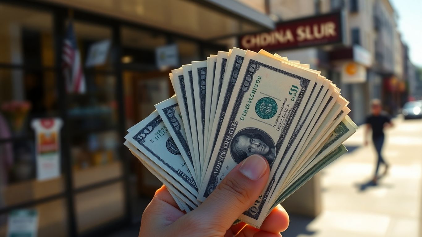 Hand holding cash, urban background, immediate earnings.