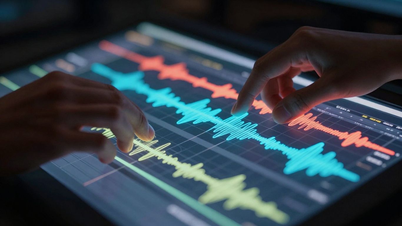 Producer arranging audio waveforms on a digital audio workstation.