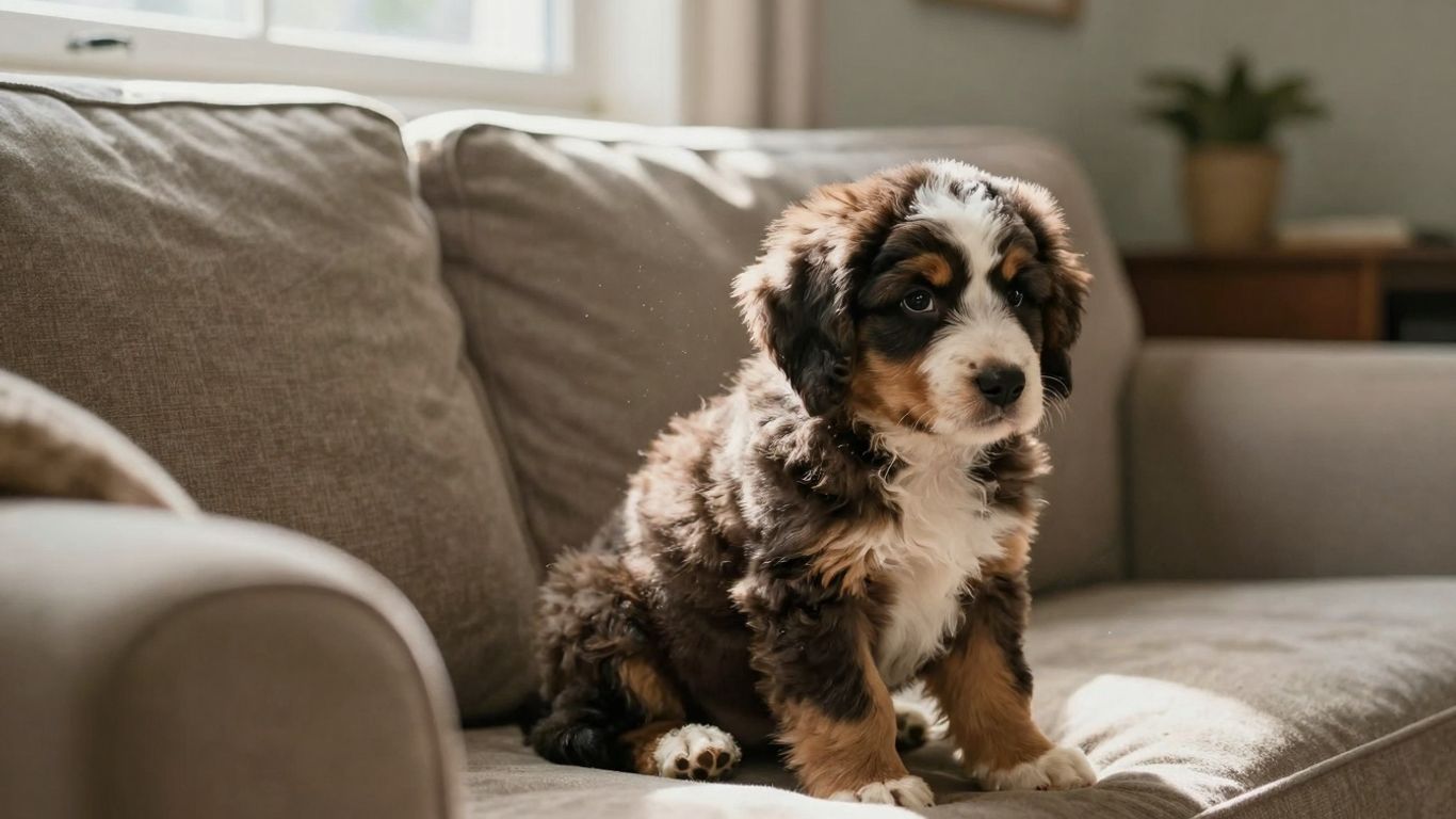 Sad Bernedoodle puppy alone on a couch.