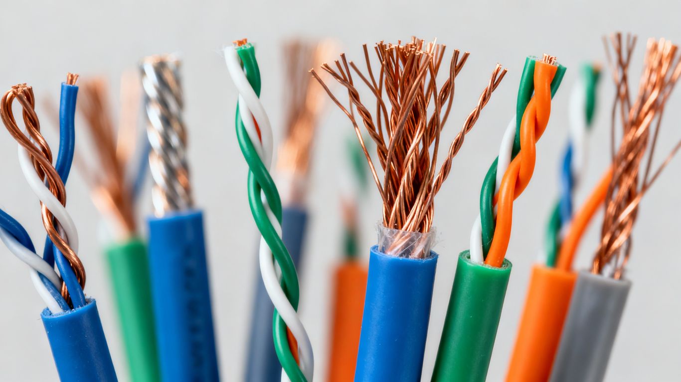 UTP network cables with colored jackets and twisted wires.