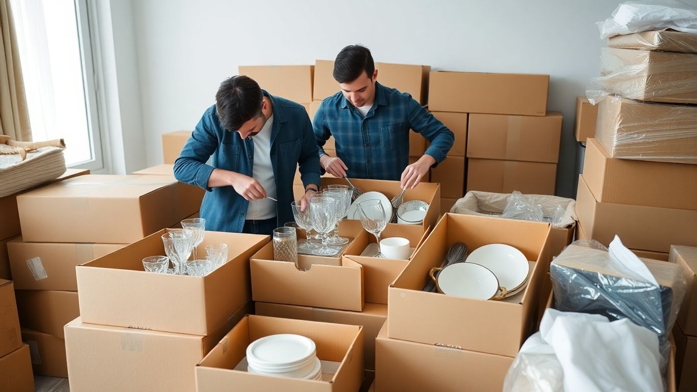 Moving crew packing fragile items carefully.