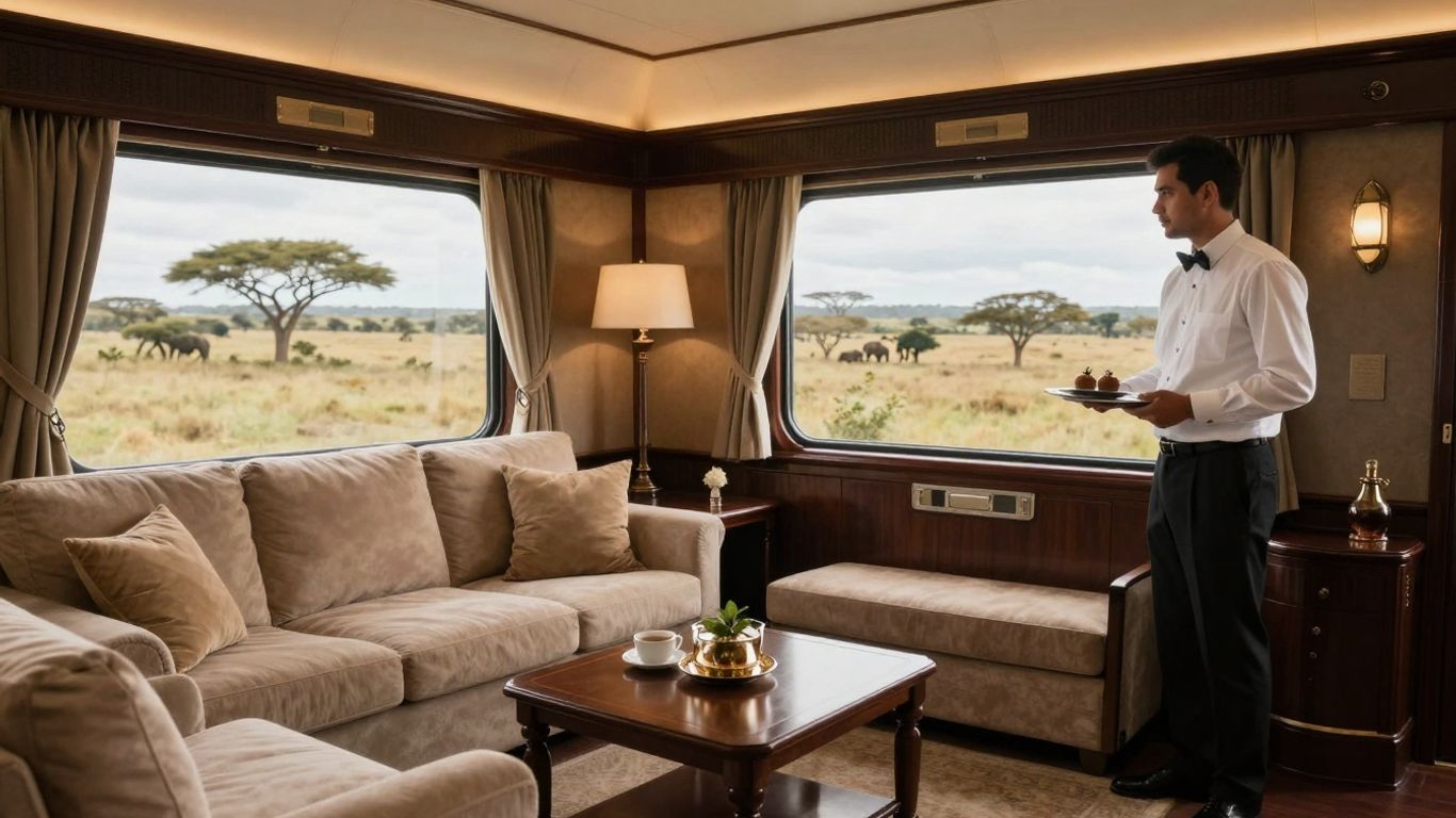 Luxury train suite with safari windows and butler