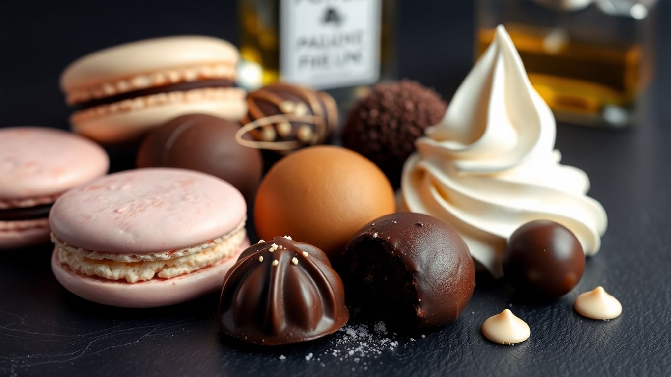 Sweet treats and a perfume bottle, suggesting gourmand fragrance.