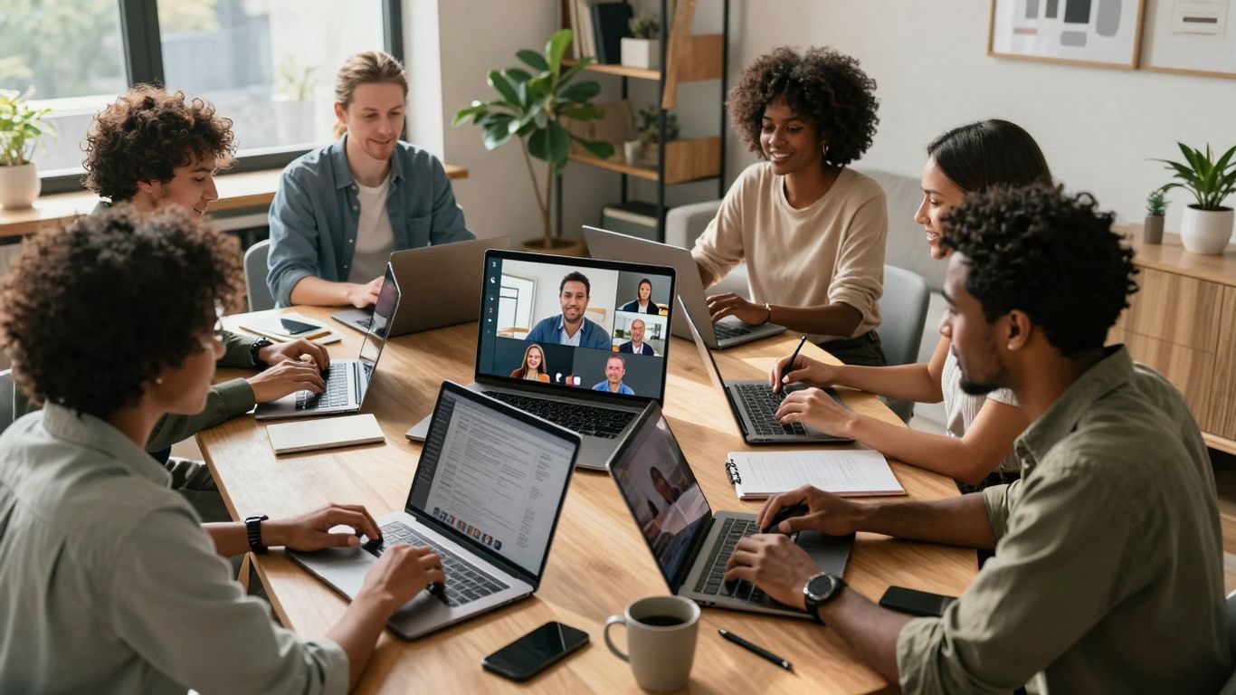 Remote marketing professionals collaborating in a modern home office.