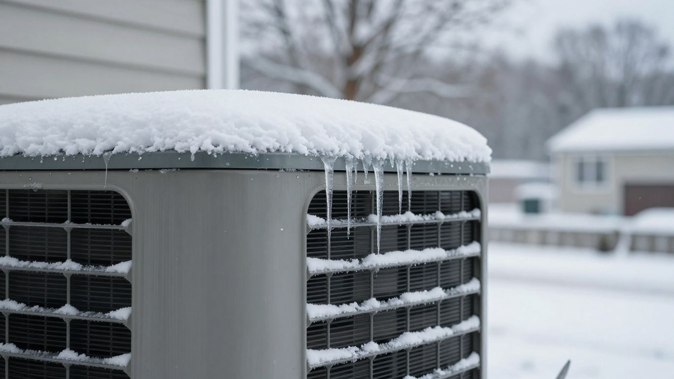 Exterior HVAC unit in snow, ready for cold weather.