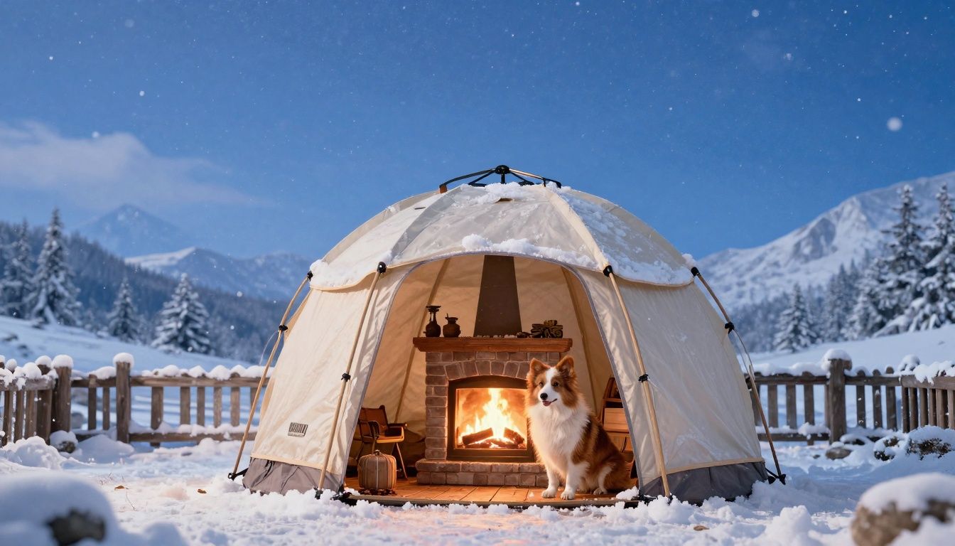 Capa com cenário aconchegante de um buraco de animal no inverno, lareira acesa e neve do lado de fora