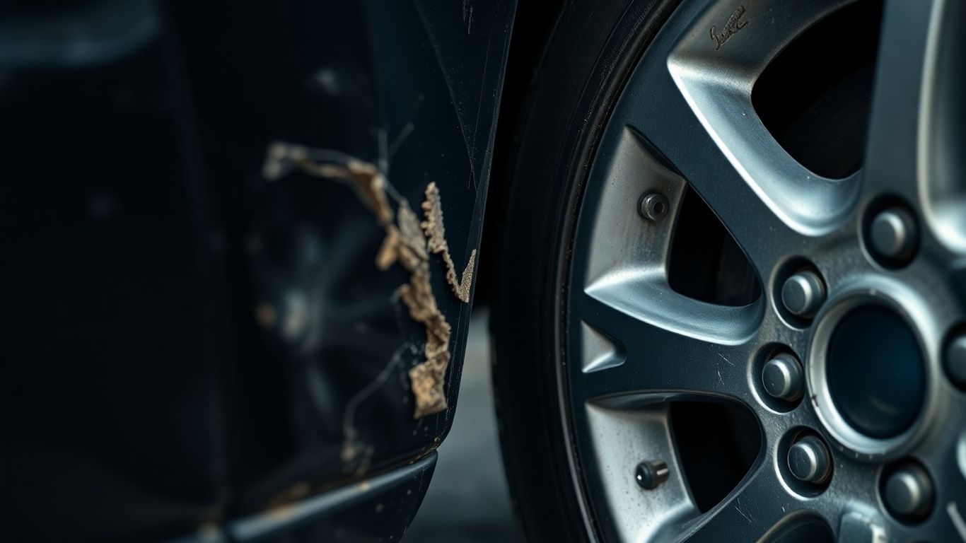 Auto-Schaden: Stoßstange, Reifen, Spiegel, Felge im Detail.